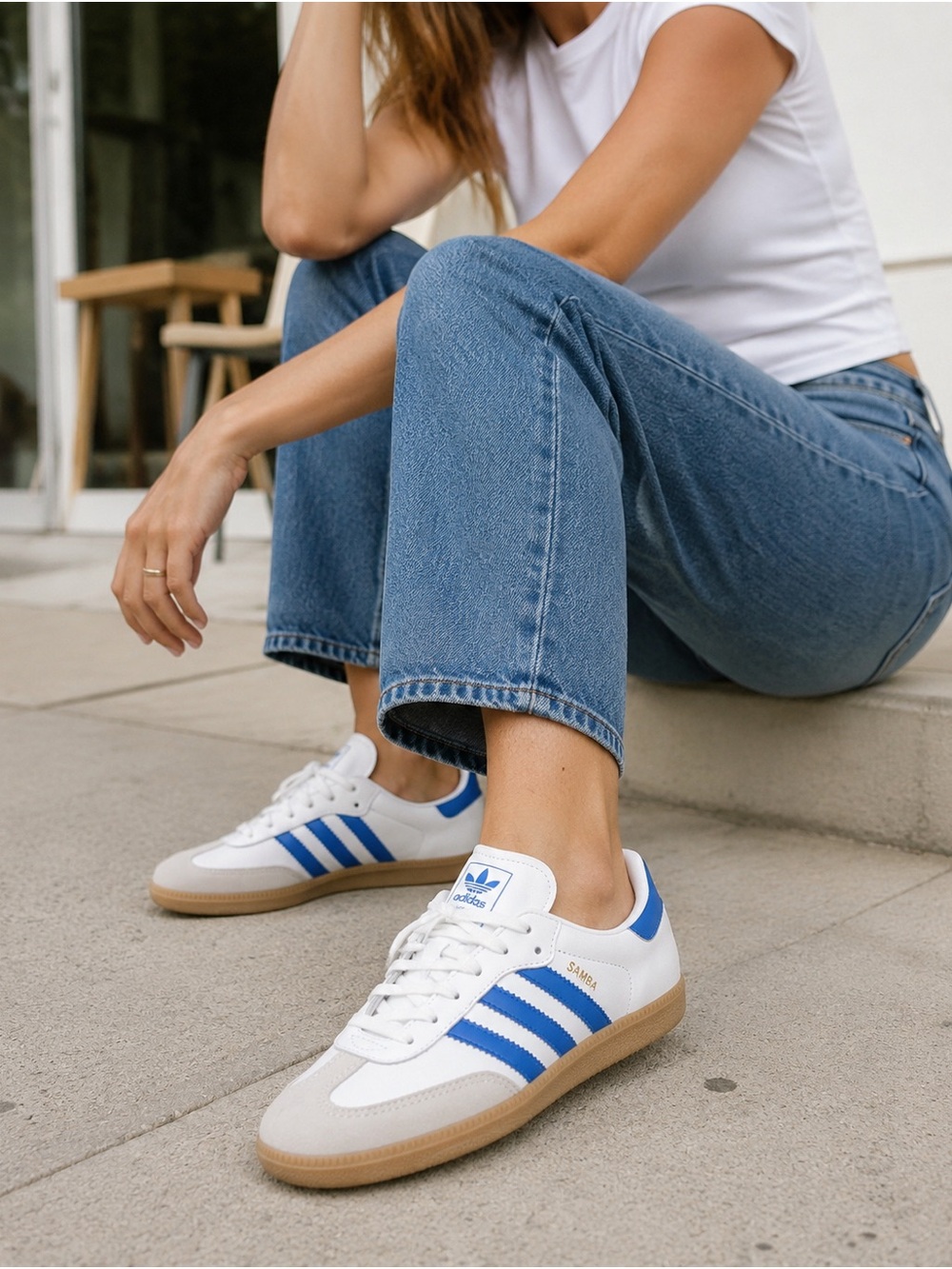 adidas Samba Leather Sneakers in White and Blue